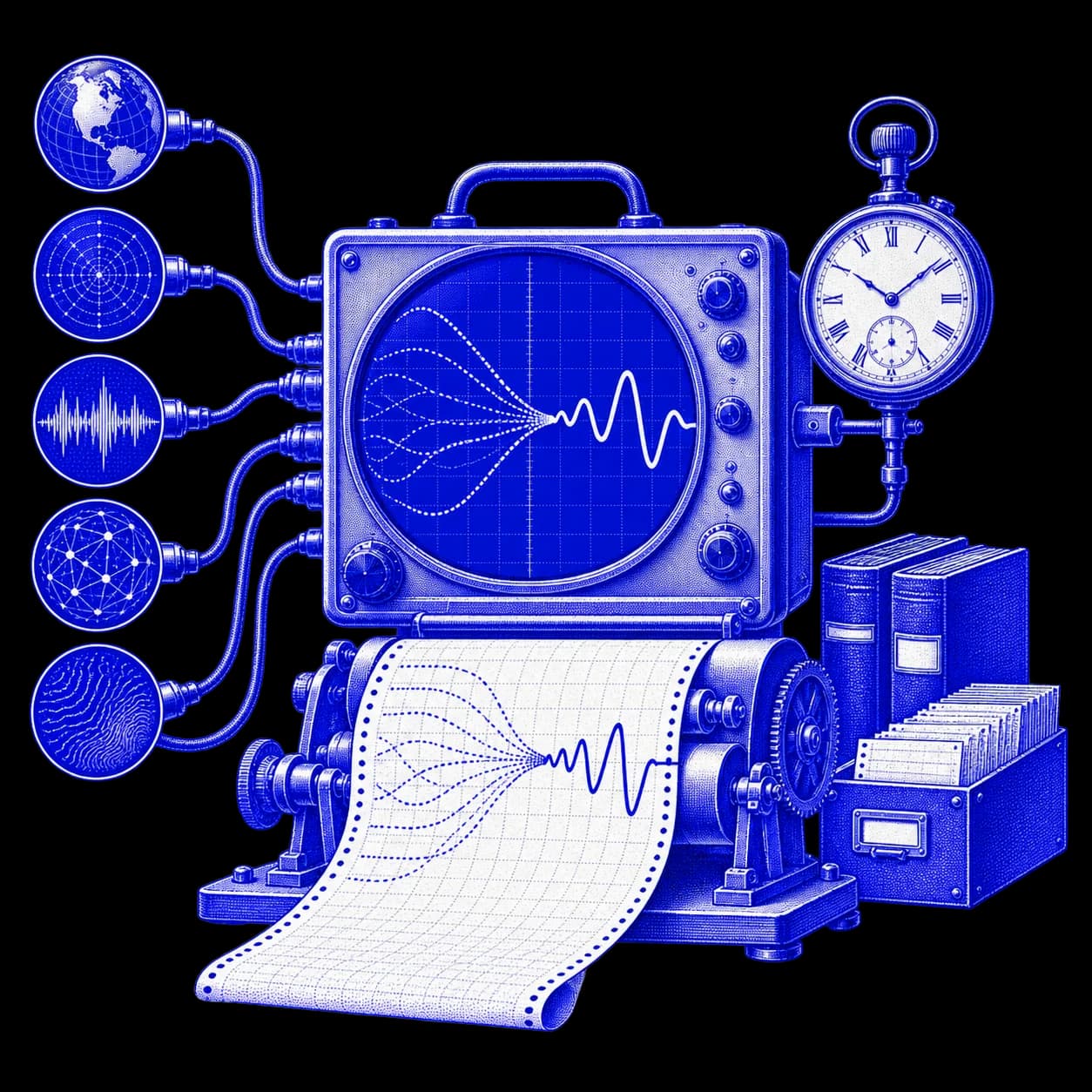 An engraved oscilloscope and ledger record service outcomes.