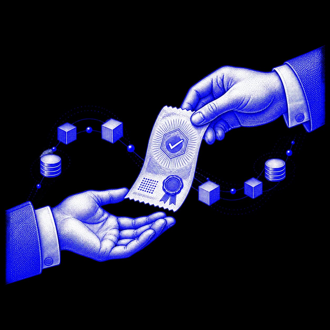 Two engraved hands exchange a luminous payment receipt.